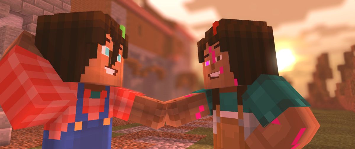 twee minecraft figuren geven elkaar een hand